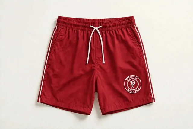 Primitiva short d’entraînement sportif en rouge et blanc avec l’emblème sur la jambe