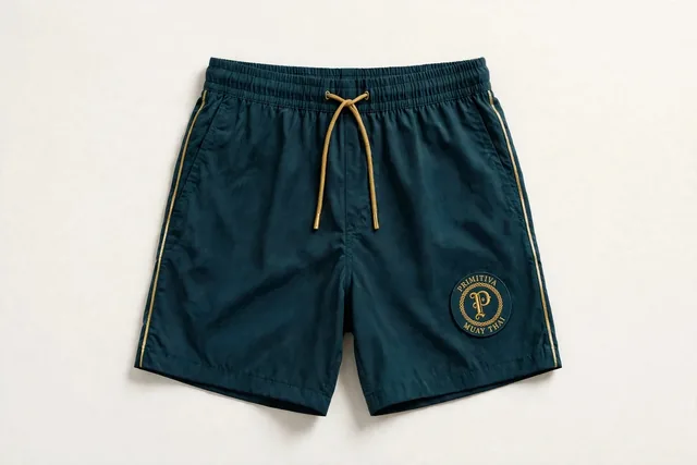 Primitiva short d’entraînement sportif en sarcelle et doré avec l’emblème sur la jambe