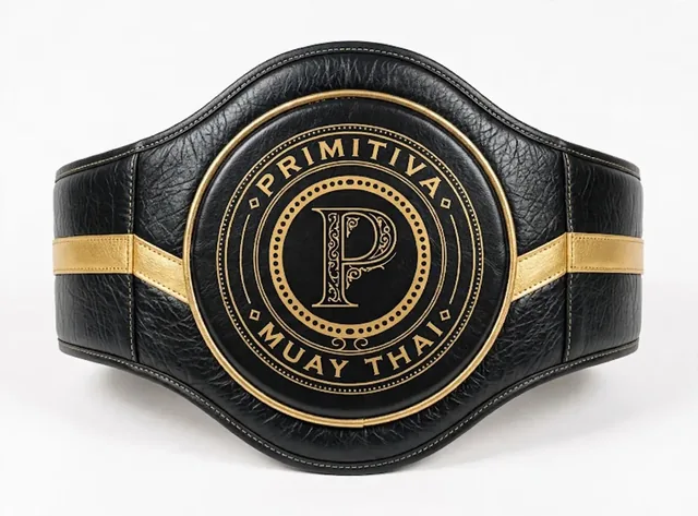 Primitiva plastron ventral BG en noir et doré, cuir d’une seule pièce avec l’emblème au centre de la face de frappe