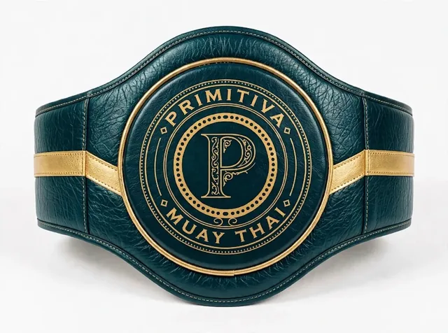 Primitiva plastron ventral GT en sarcelle et doré, cuir d’une seule pièce avec l’emblème au centre de la face de frappe