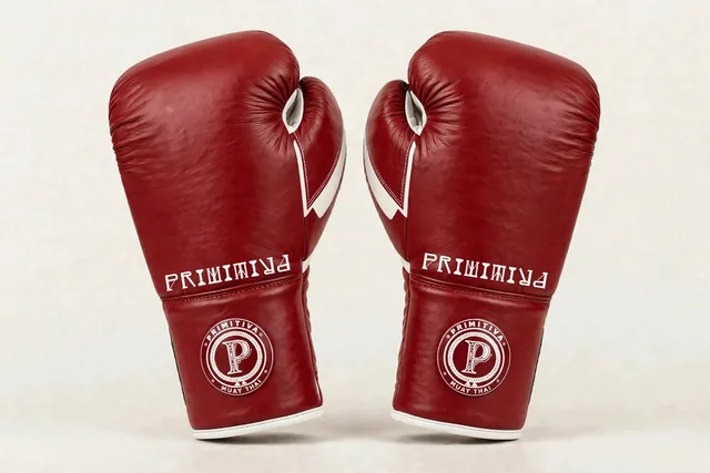 Primitiva Boran WR gants à lacets en rouge et blanc — vue avant : le logotype Primitiva le long du panneau, l’emblème sur le poignet