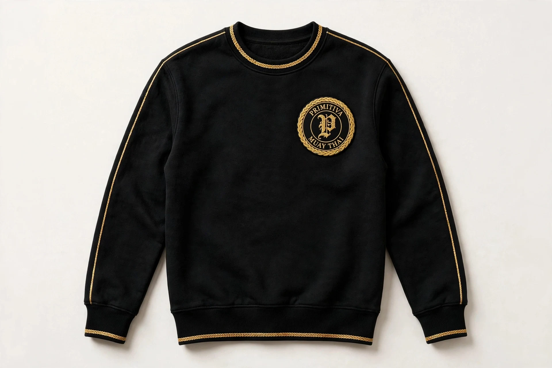 Primitiva crewneck sweatshirt in black and gold with the emblem embroidered on the left chest