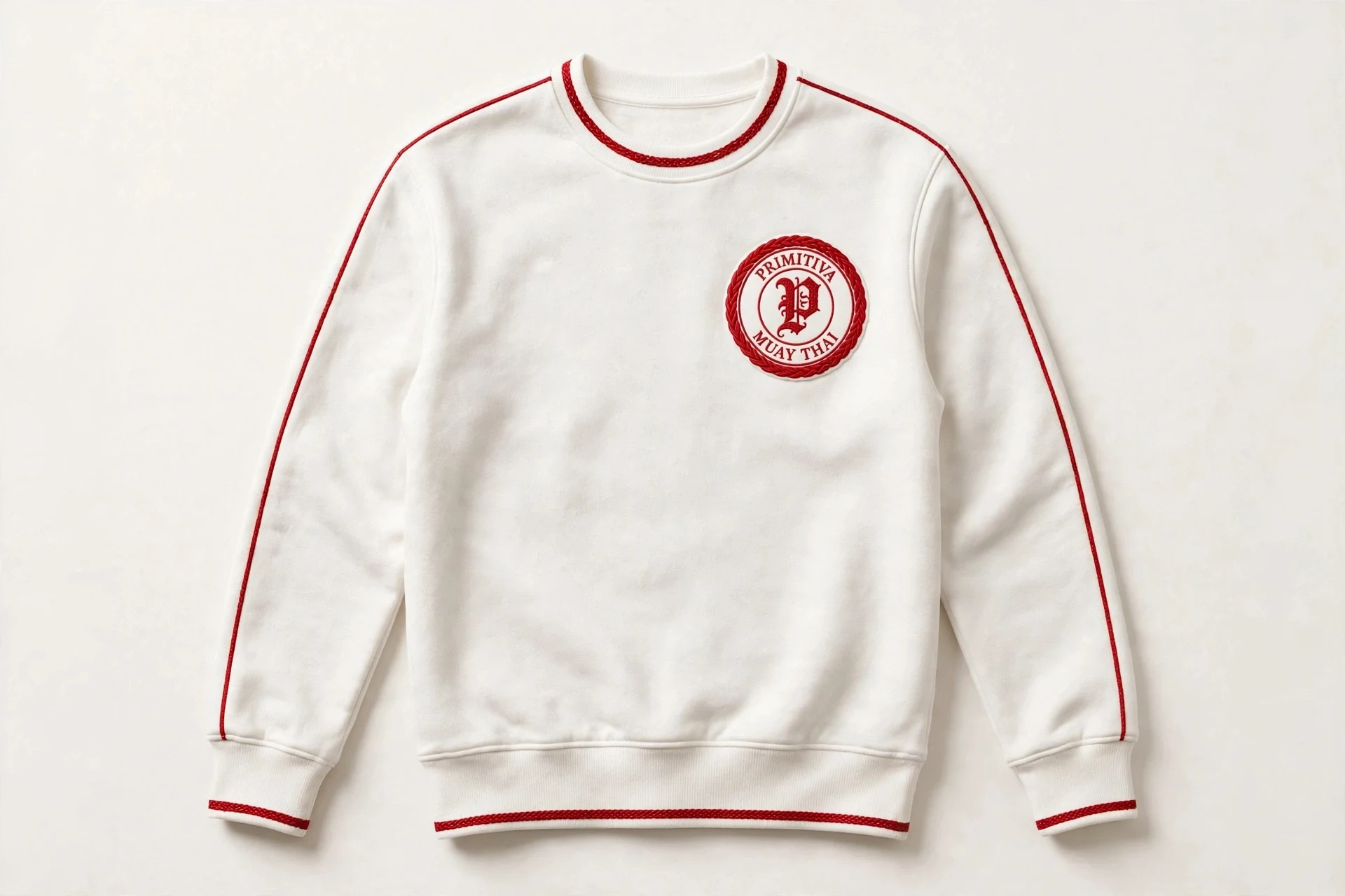 Primitiva crewneck sweatshirt in white and red with the emblem embroidered on the left chest