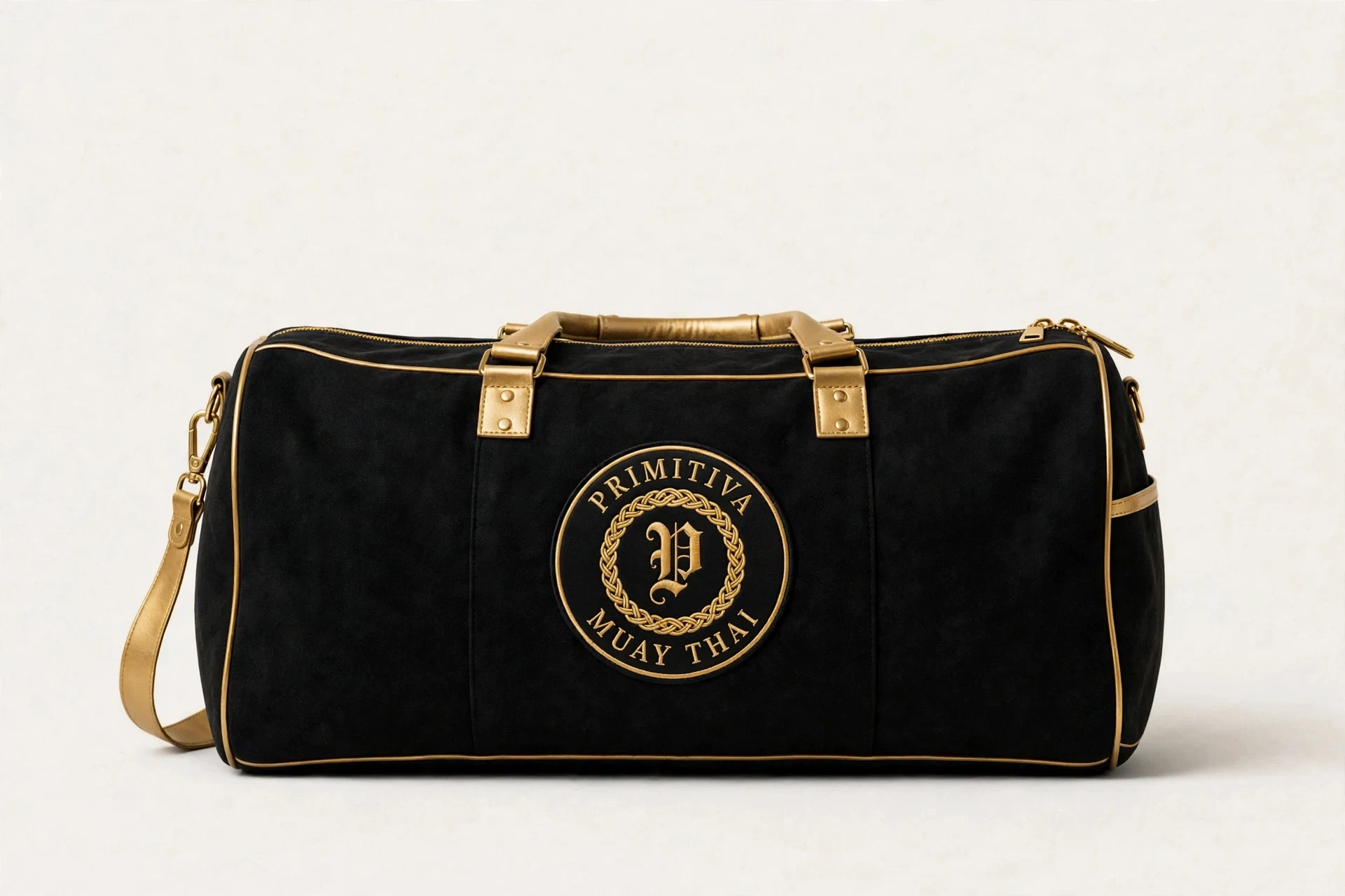 Primitiva gym duffel bag in black and gold with the emblem on the side panel