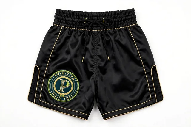 Primitiva short de combat BG — Jambe avec emblème en noir et doré avec l’emblème sur la jambe