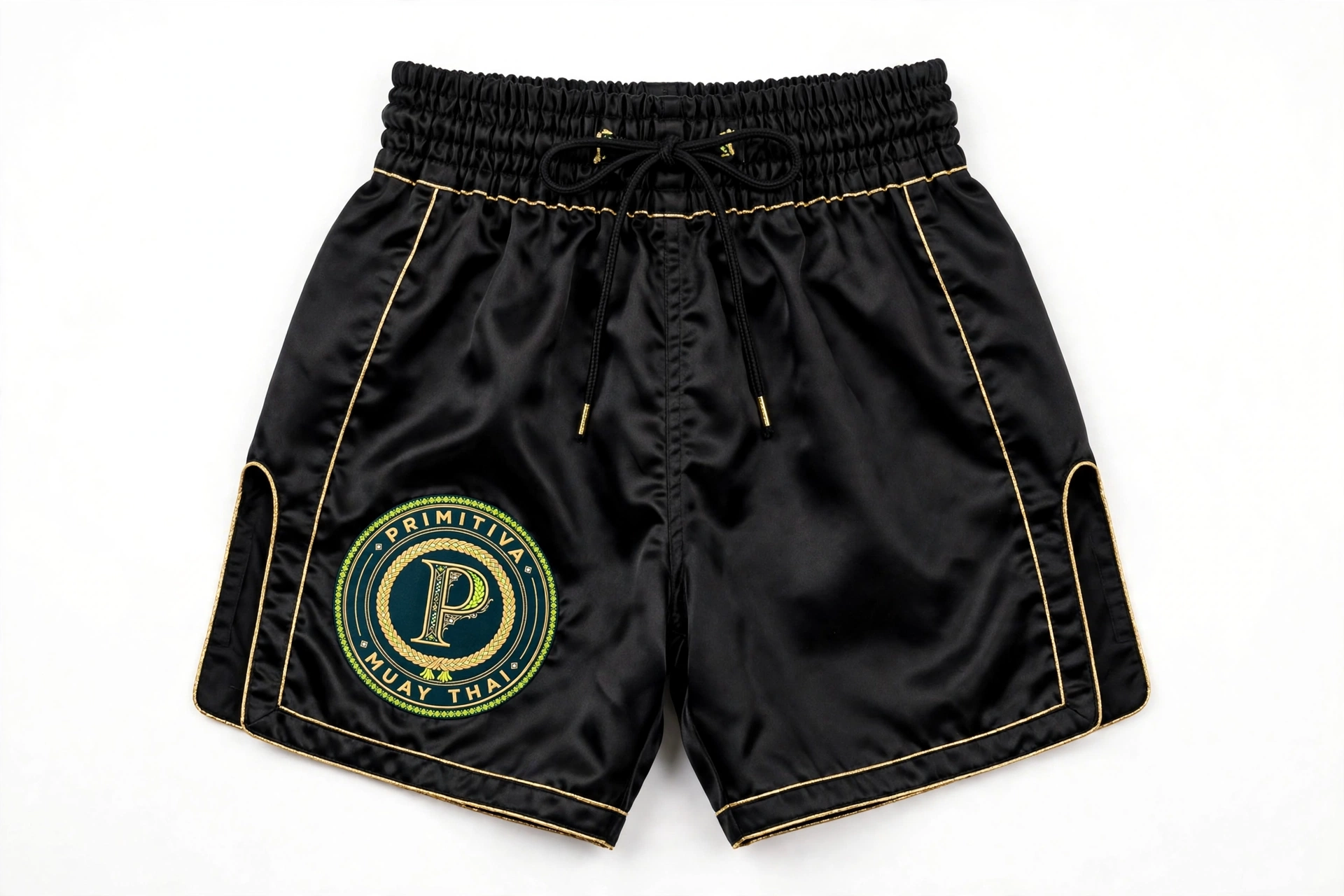 Primitiva fight shorts in black and gold with the emblem on the leg