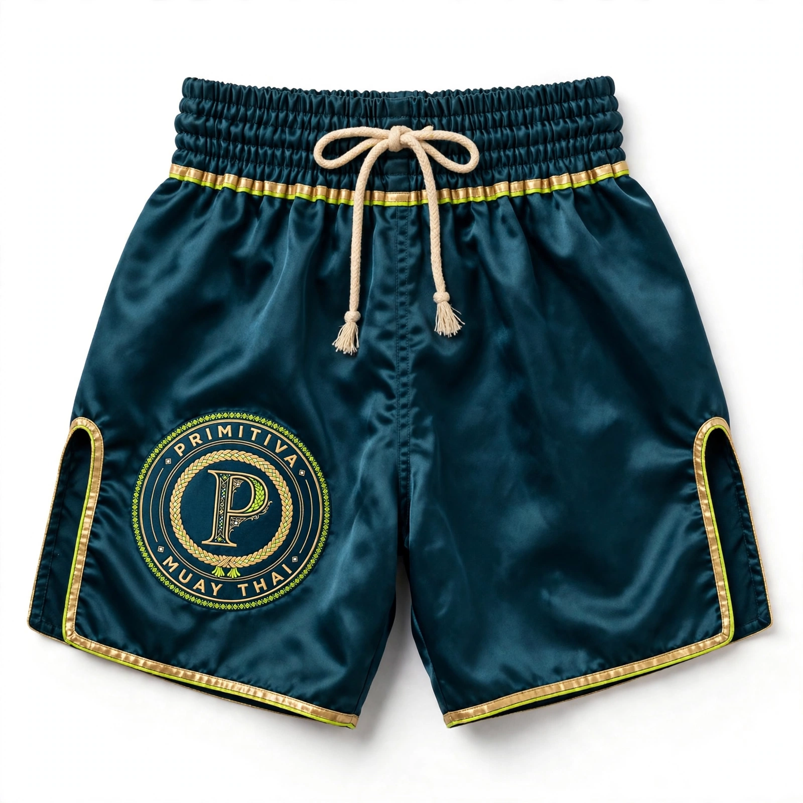 Primitiva fight shorts in teal and gold with the emblem on the leg