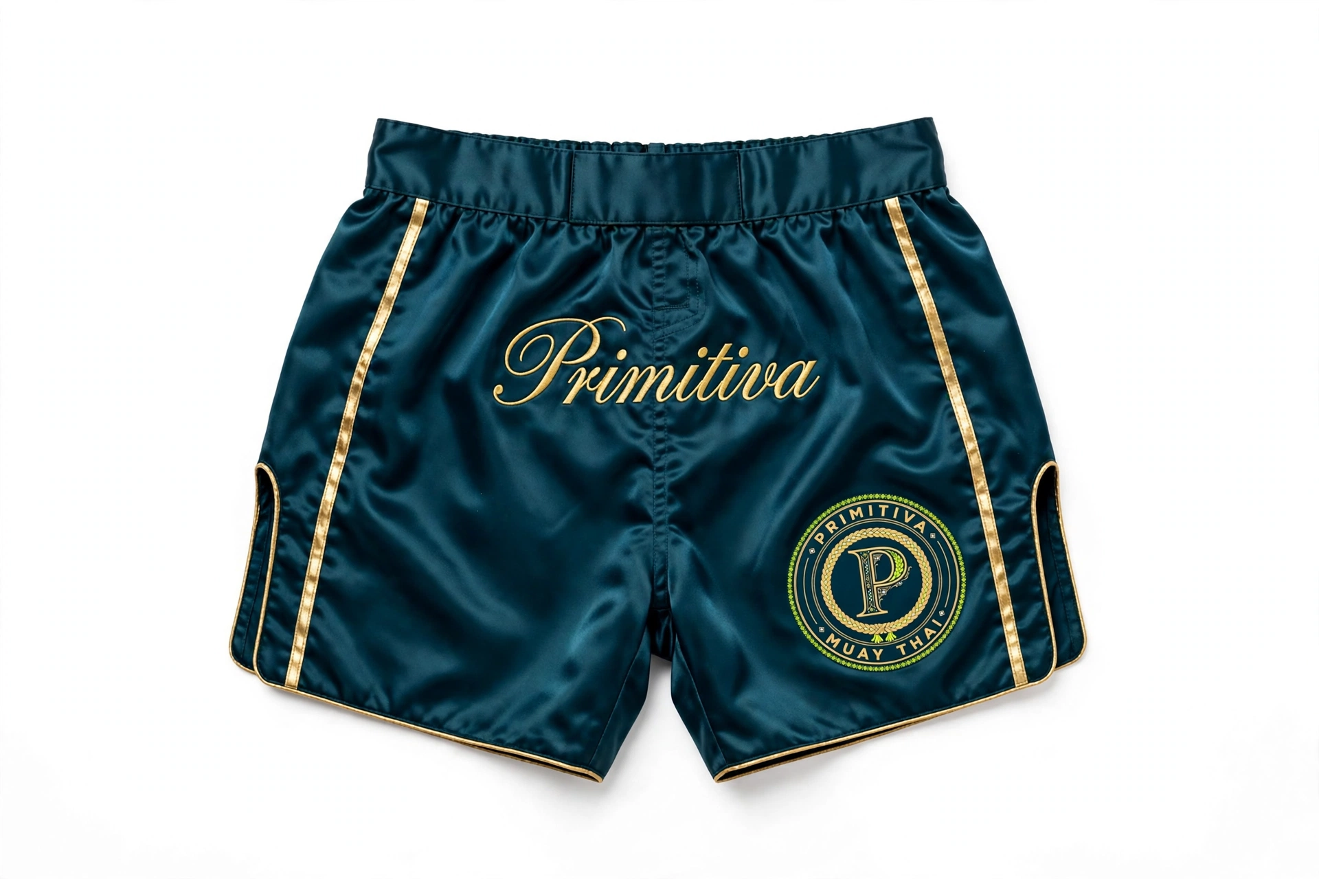 Primitiva fight shorts in teal with gold script wordmark and emblem
