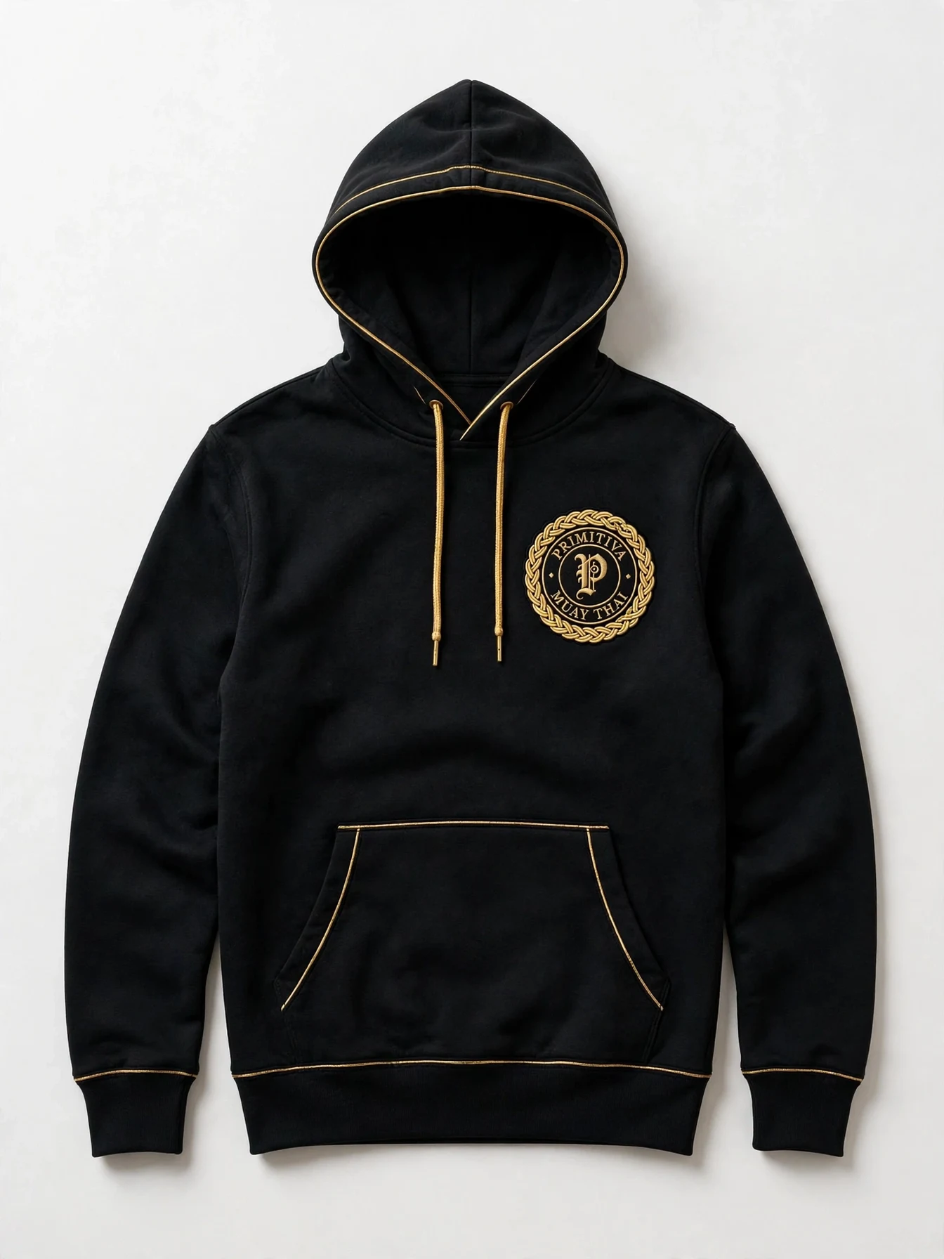 Primitiva pullover hoodie in black and gold with the emblem embroidered on the left chest