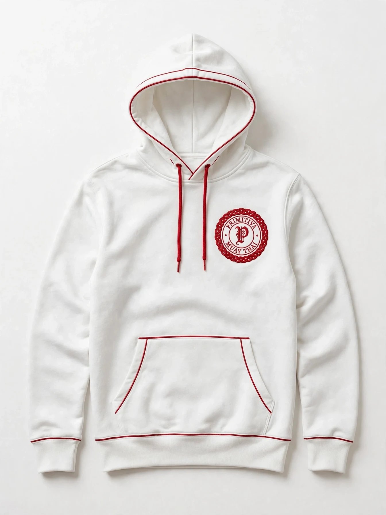 Primitiva pullover hoodie in white and red with the emblem embroidered on the left chest