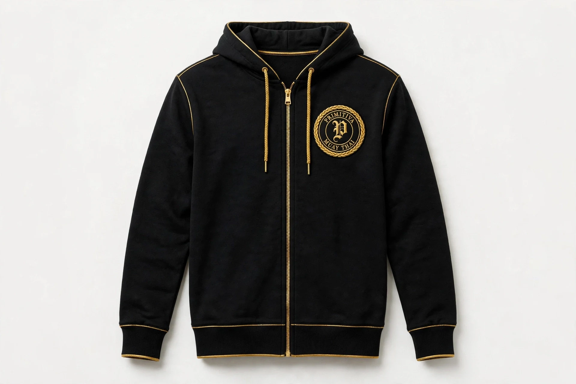 Primitiva zip-up hoodie in black and gold with the emblem embroidered on the left chest