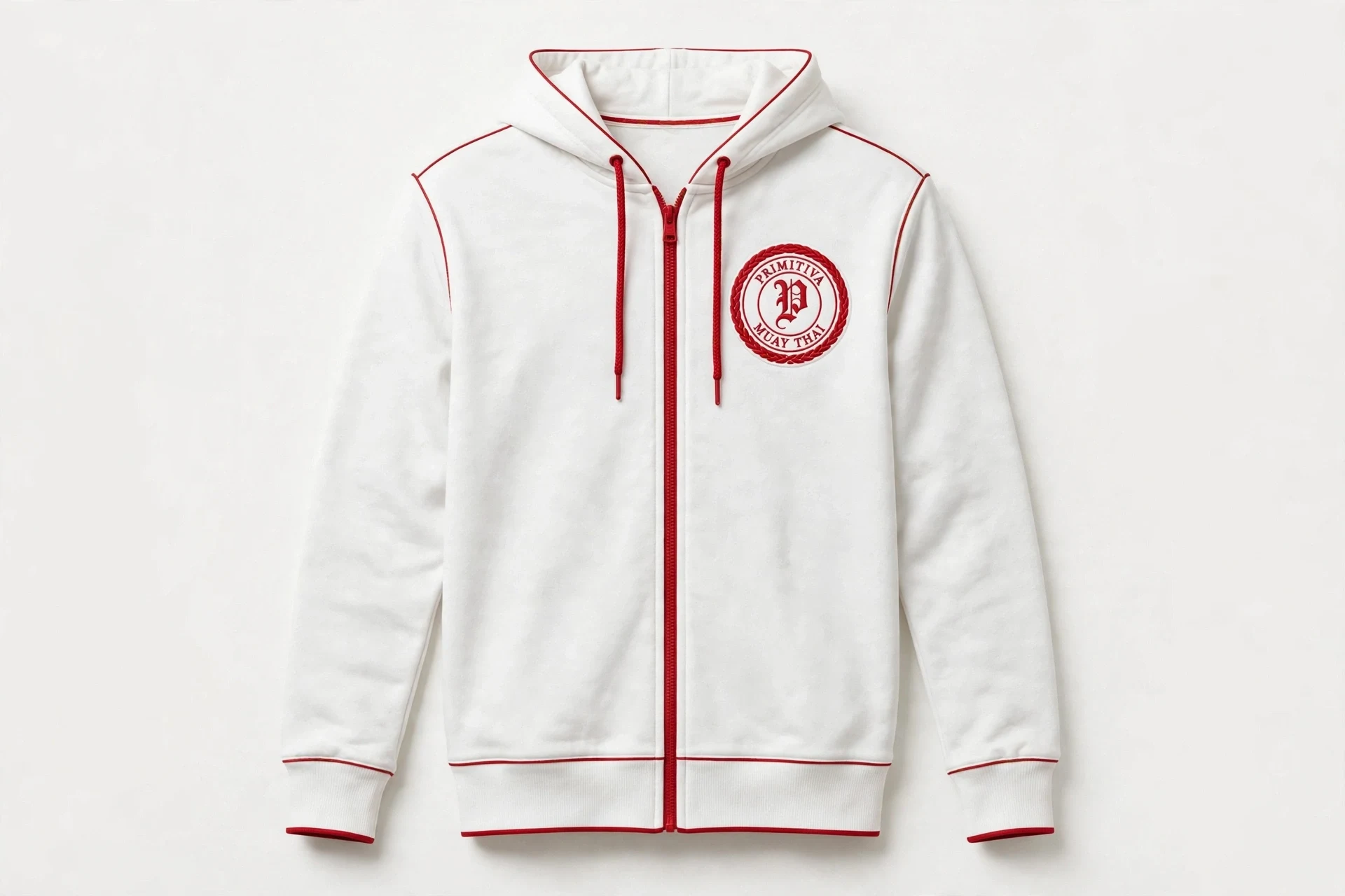 Primitiva zip-up hoodie in white and red with the emblem embroidered on the left chest