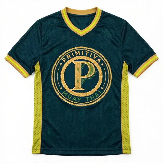 Maillot en filet sarcelle Primitiva Insignia GT avec un grand emblème doré sur la poitrine à l’avant et un dos uni avec l’étiquette Primitiva au col