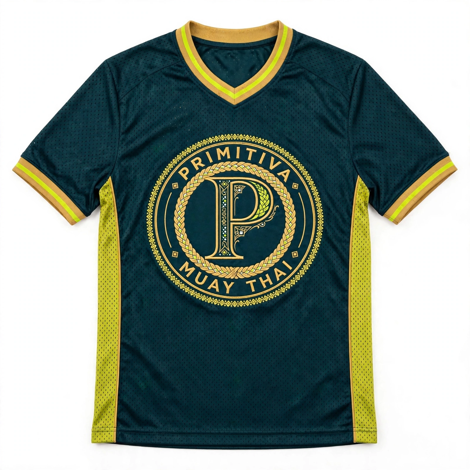 Primitiva teal mesh jersey with large gold chest emblem