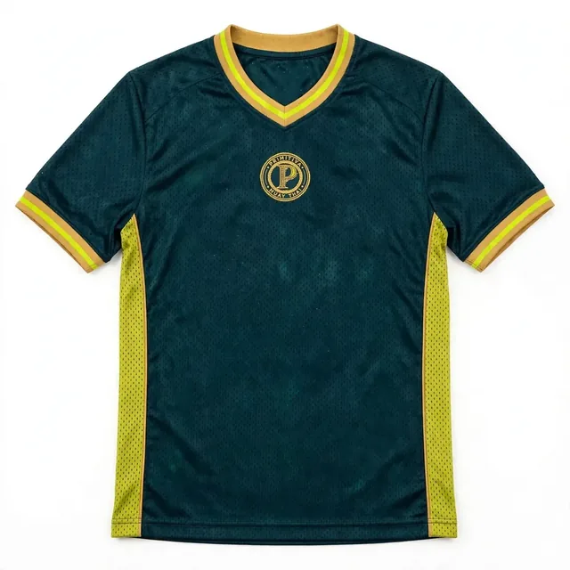 Primitiva maillot en filet sarcelle avec un petit emblème doré sur la poitrine et le chiffre 9 doré au dos