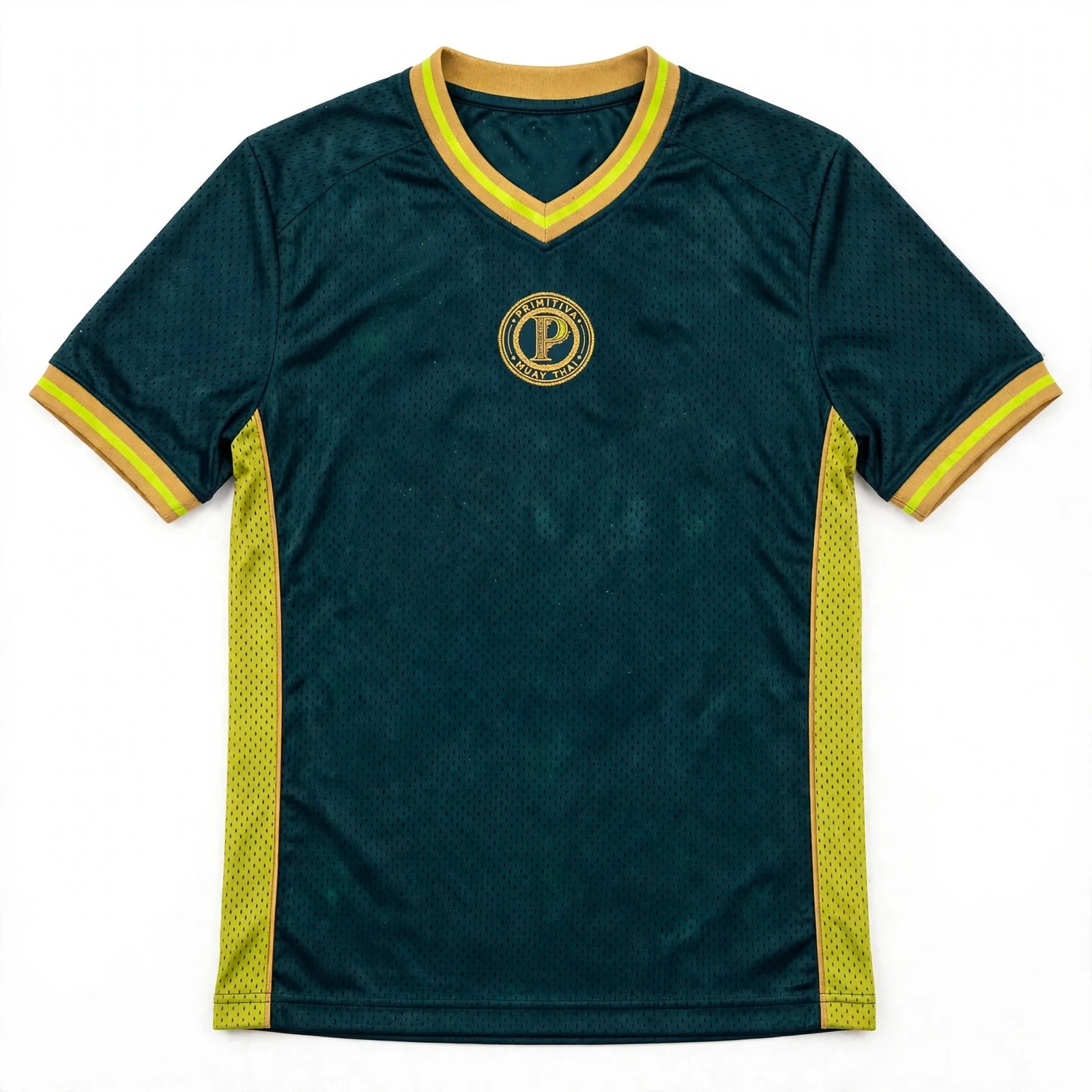 Primitiva teal mesh jersey with a small gold emblem at the chest and the gold numeral 9 on the back