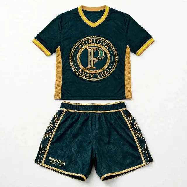 Ensemble de maillot en filet Primitiva sarcelle et doré avec short assorti et grand emblème