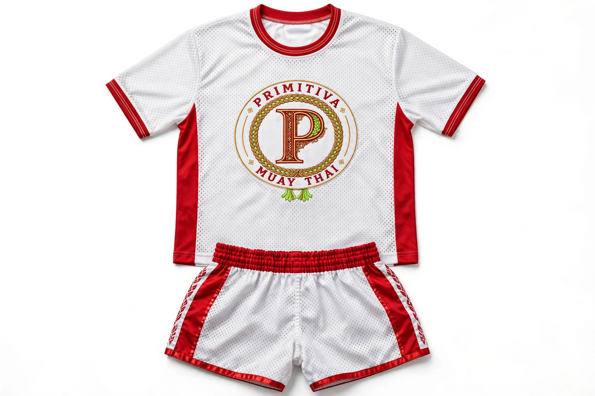 Primitiva white and red mesh jersey set with shorts and red emblem
