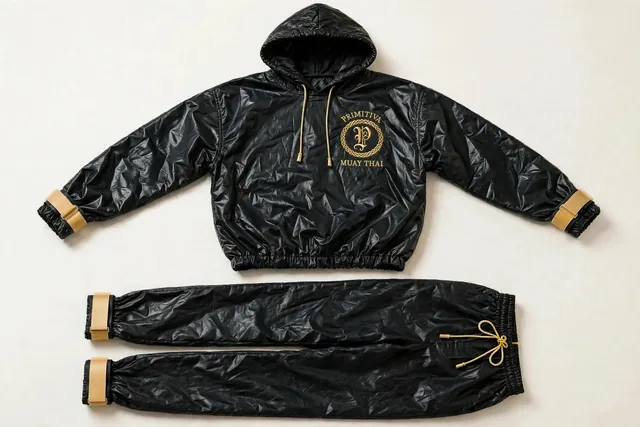 Primitiva Sono BG ensemble de sudation en noir et doré — chandail à capuchon et pantalon long avec poignets à sangles scellées et l’emblème sur la poitrine