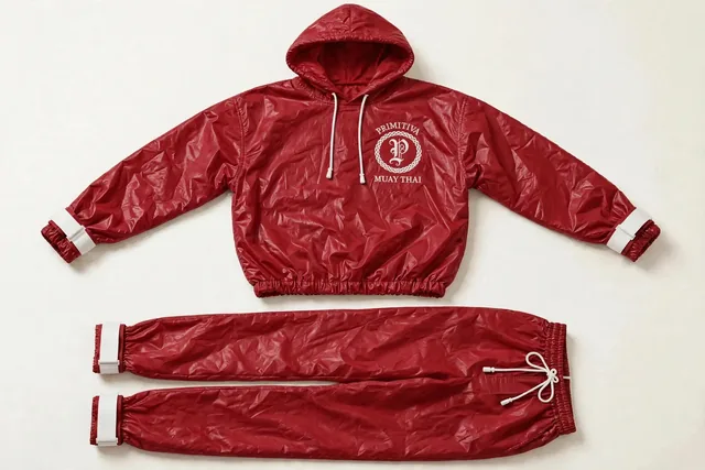 Primitiva Sono WR ensemble de sudation en rouge et blanc — chandail à capuchon et pantalon long avec poignets à sangles scellées et l’emblème sur la poitrine
