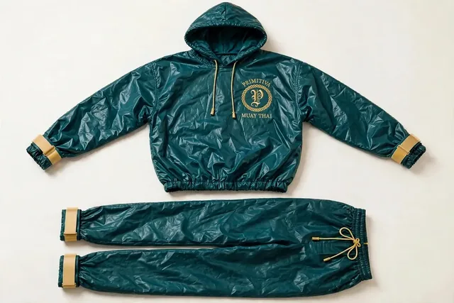 Primitiva Sono GT ensemble de sudation en sarcelle et doré — chandail à capuchon et pantalon long avec poignets à sangles scellées et l’emblème sur la poitrine