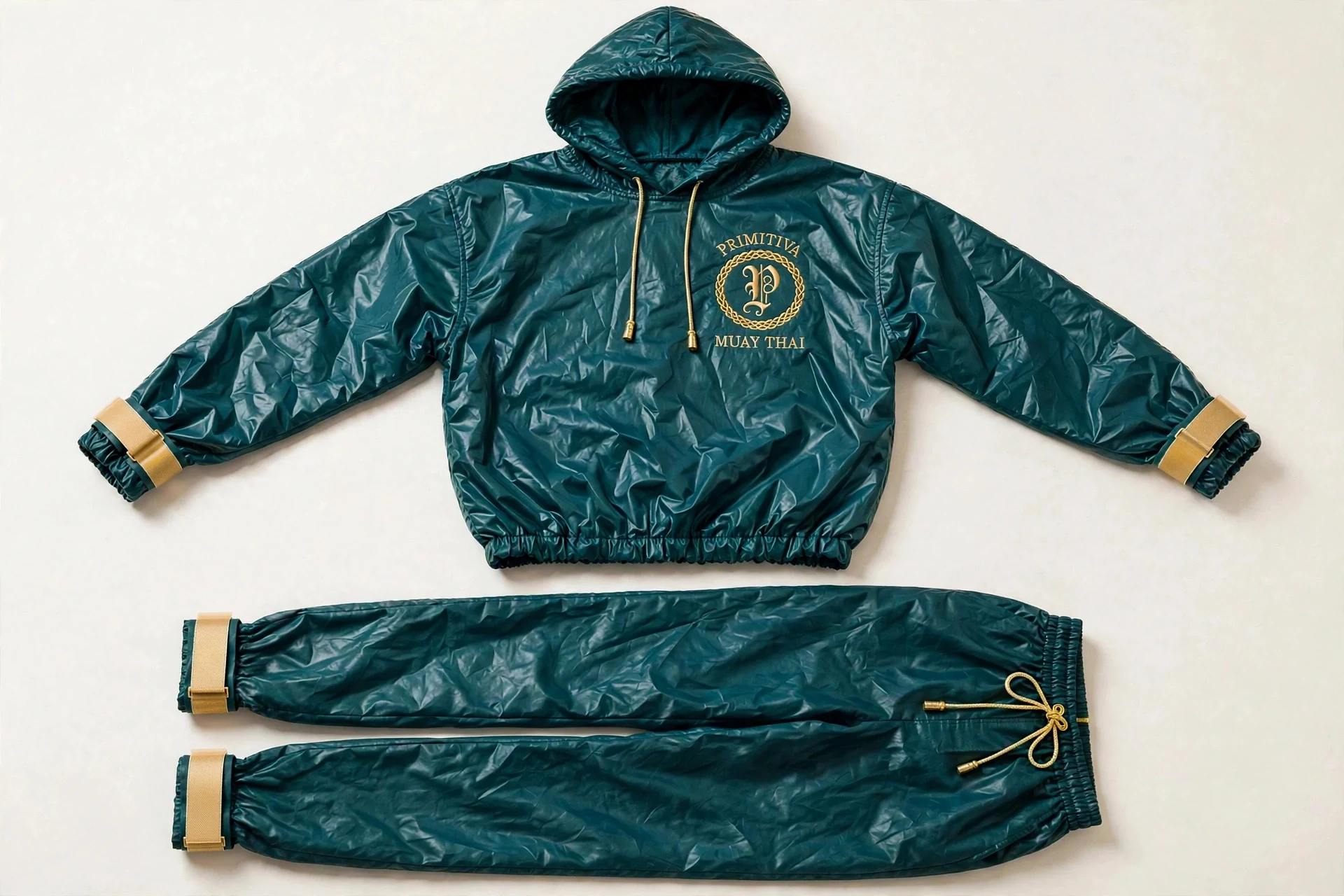 Primitiva Sono GT sauna suit in teal and gold — hooded pullover and full-length trousers with sealed strap cuffs and the emblem on the chest