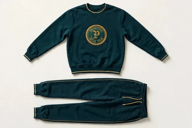 Primitiva ensemble en molleton GT en sarcelle et doré — haut à enfiler et pantalon jogger avec l’emblème sur la poitrine