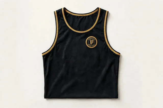 Primitiva débardeur de sport en noir et doré avec un petit emblème sur la poitrine gauche et l’étiquette Primitiva à l’intérieur du col