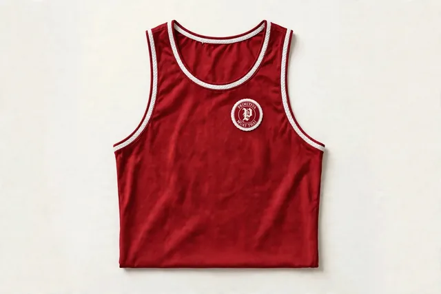 Primitiva débardeur de sport en rouge et blanc avec un petit emblème sur la poitrine gauche et l’étiquette Primitiva à l’intérieur du col
