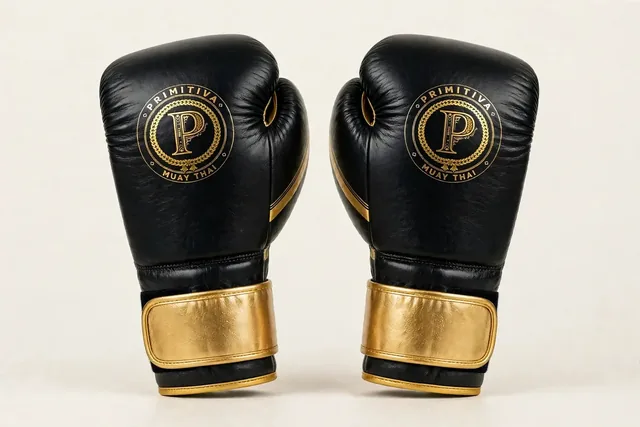 Gants d’entraînement Primitiva BG en noir et or — vue de face : l’emblème sur le poing, sangle velcro dorée