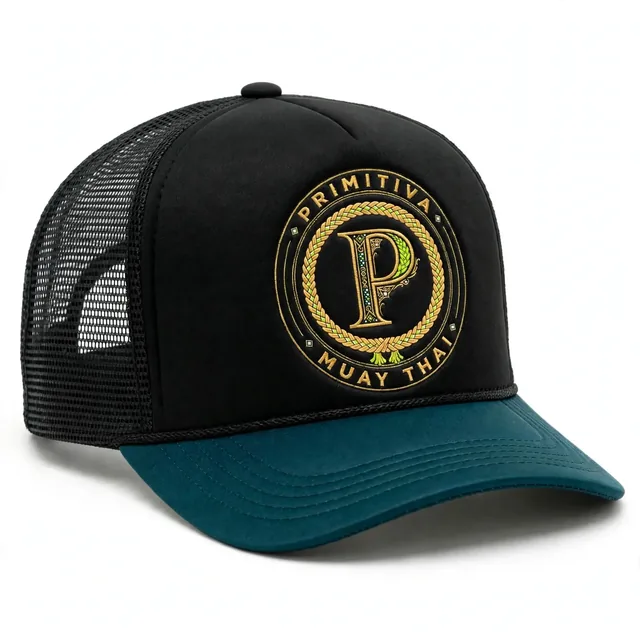 Primitiva casquette trucker noire avec emblème brodé et visière sarcelle
