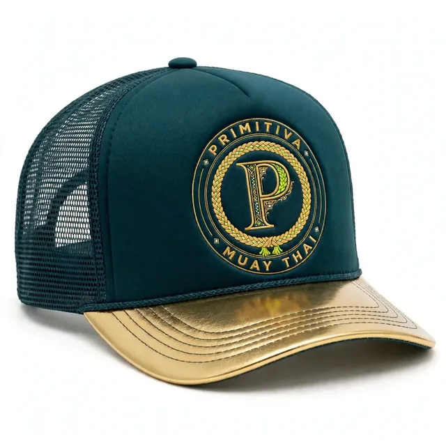 Primitiva casquette trucker sarcelle avec emblème brodé et visière dorée