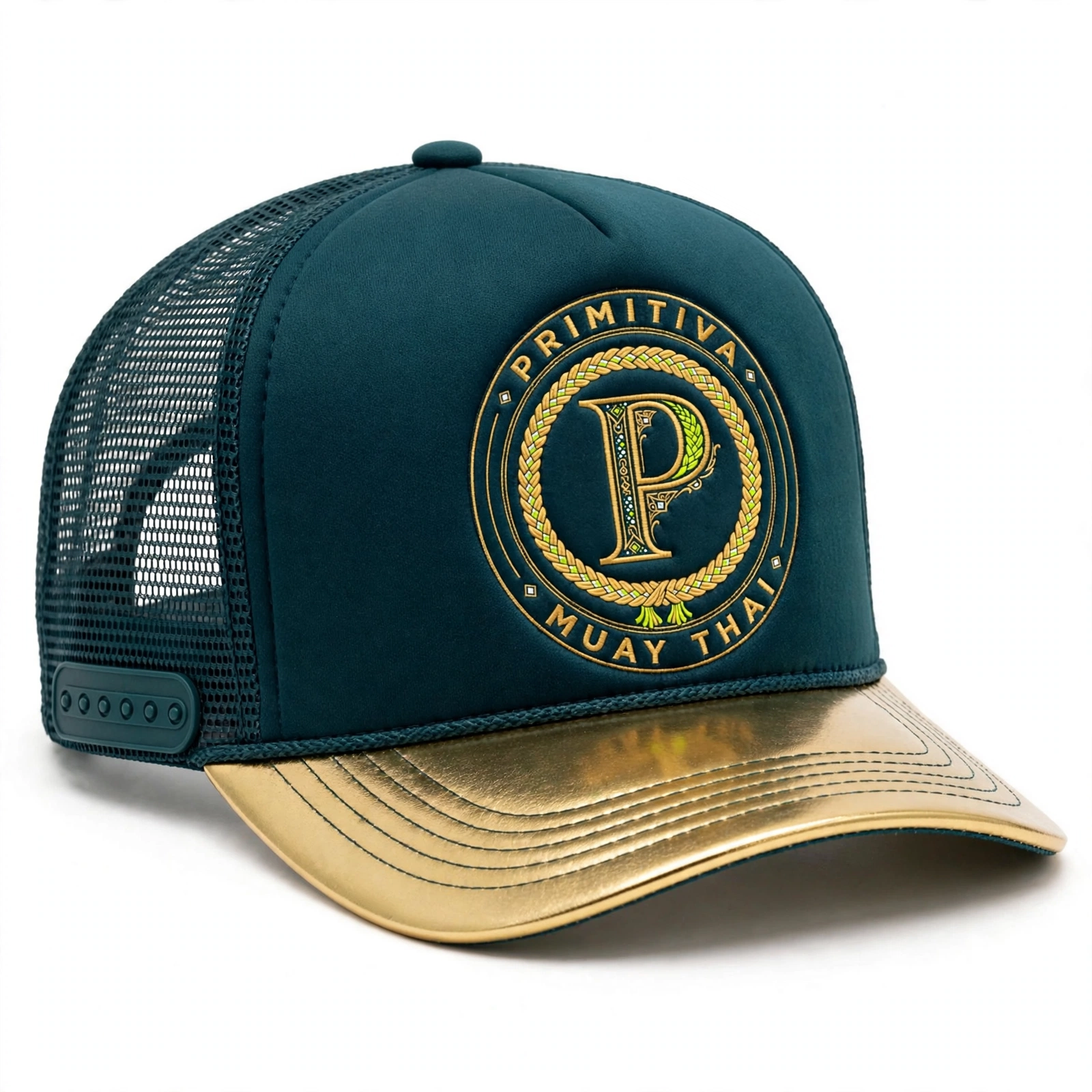 Primitiva teal trucker hat with embroidered emblem and gold brim